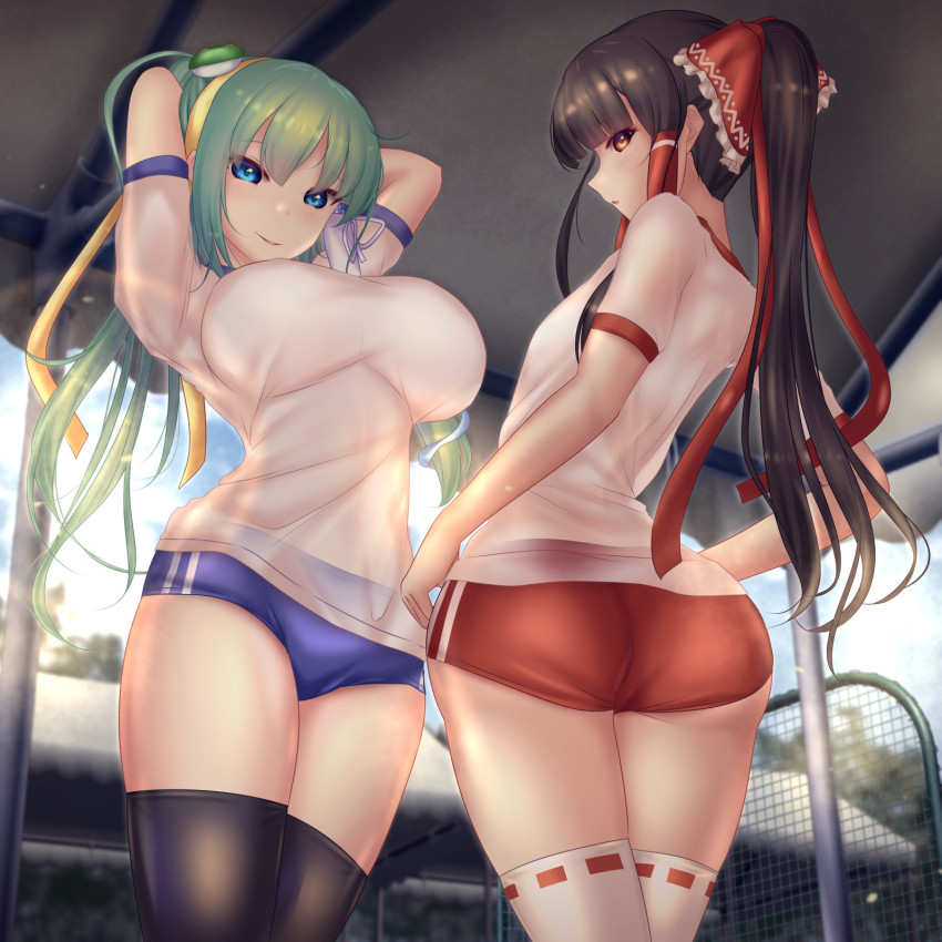 2girls, ass, black_legwear, blouse, blue_buruma, blue_eyes, bow, breasts, brown_eyes, brown_hair, buruma, frog_hair_ornament, green_hair, gym_uniform, hair_bow, hair_ornament, hair_ribbon, hair_tubes, hakurei_reimu, highres, kochiya_sanae, large_breasts, long_hair, multiple_girls, outdoors, ponytail, red_bow, red_buruma, red_ribbon, ribbon, ribbon-trimmed_legwear, ribbon_trim, shirt, short_sleeves, shounen_(hogehoge), sidelocks, small_breasts, snake_hair_ornament, t-shirt, thighhighs, touhou, wet, wet_clothes, white_legwear, white_shirt, yellow_ribbon