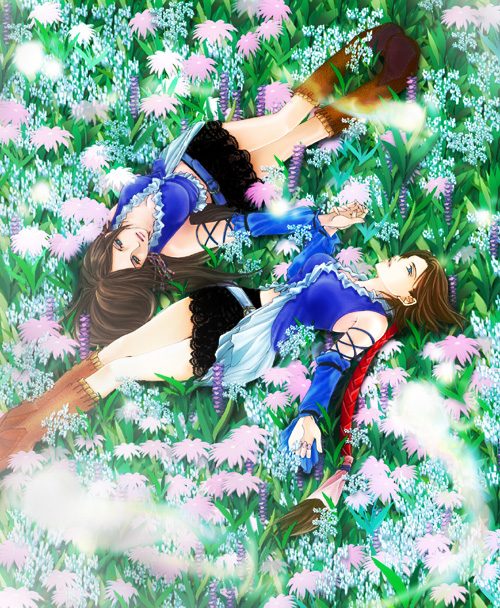 00s, 2girls, alternate_costume, artist_request, bad_id, bad_pixiv_id, belt, boots, brown_hair, earrings, final_fantasy, final_fantasy_x, final_fantasy_x-2, flower, holding_hands, jewelry, lenne_(ff10), long_hair, lying, multiple_girls, pyreflies, radial_symmetry, rotational_symmetry, skirt, sonou_mio, very_long_hair, yuna, yuna_(ff10)