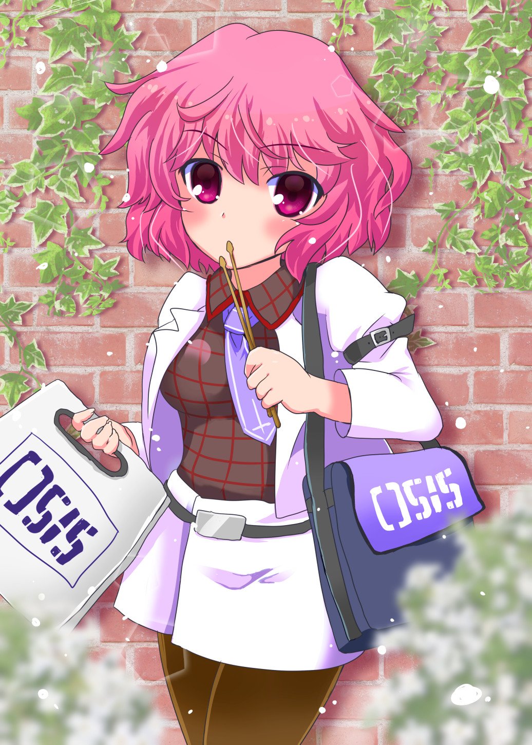 1girl, alternate_eye_color, alternate_hair_color, belt, blurry, blush, breasts, brown_pantyhose