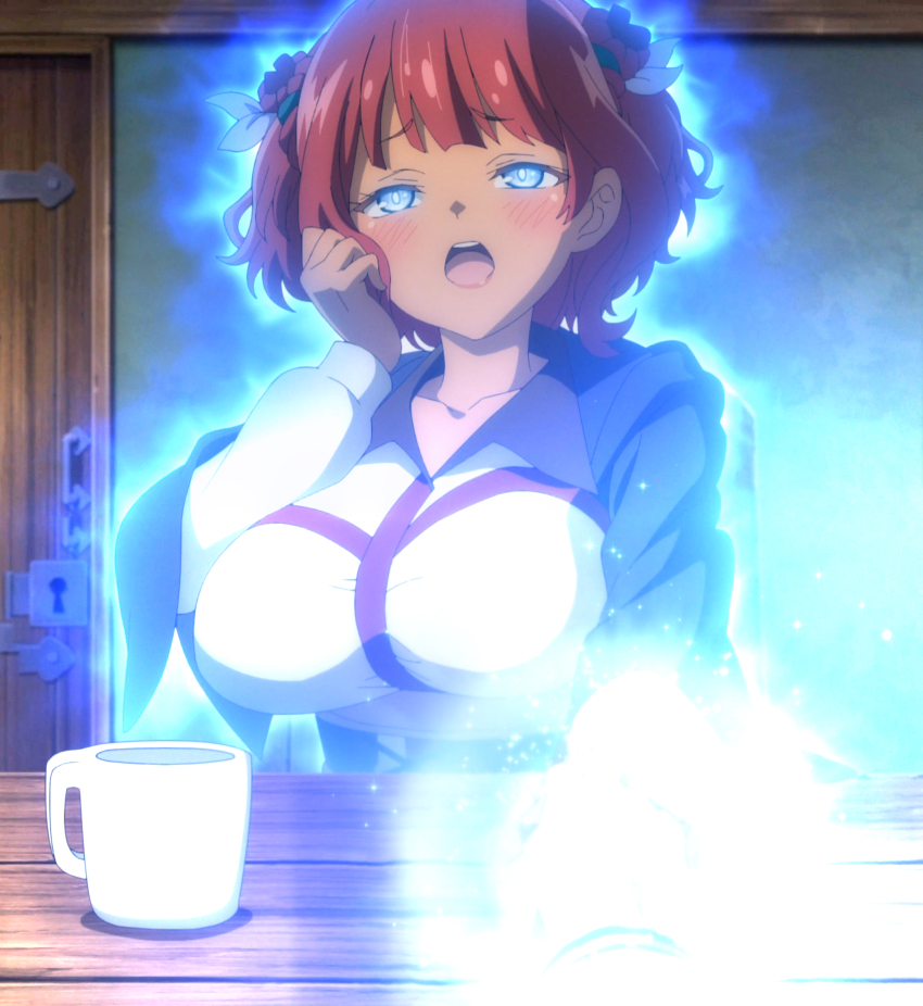 1girl, absurdres, ahegao, anime_screenshot, blue_dress, blue_eyes, blush, breasts