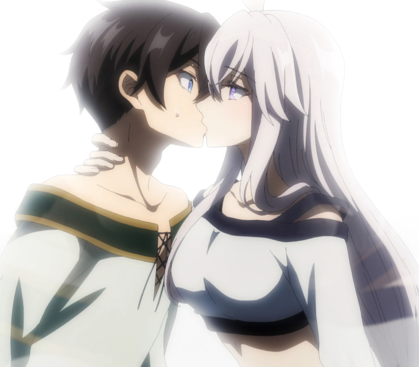 13-ban, 1boy, 1girl, anime_screenshot, aunt_and_nephew, black_hair, blouse, blue_eyes, breasts, cheating_(relationship), collarbone, crop_top, eye_contact, hand_on_another's_neck, hetero, highres, incest, kiss, large_breasts, long_hair, long_sleeves, looking_at_another, mahoutsukai_reimeiki, midriff, purple_eyes, sable_(mahoutsukai_reimeiki), shirt, stitched, surprised, third-party_edit, white_hair, white_shirt, zero_(zero_kara_hajimeru_mahou_no_sho), zero_kara_hajimeru_mahou_no_sho