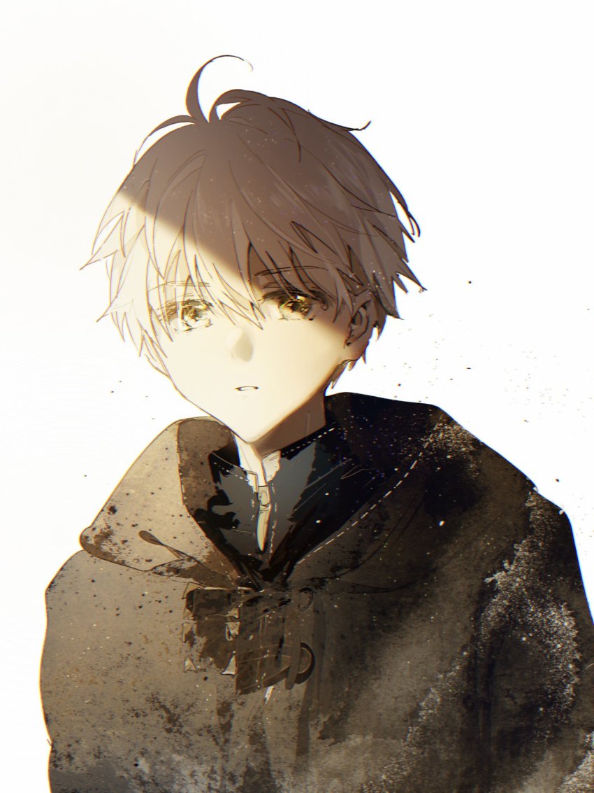 1boy, black_coat, black_shirt, blouse, coat, dust, who_made_me_a_princess, highres, hood, hood_down, hooded_coat, ijekiel_alpheus, looking_at_viewer, male_focus, parted_lips, shade, shirt, short_hair, simple_background, solo, upper_body, white_background, white_hair, xuanqing0726, yellow_eyes