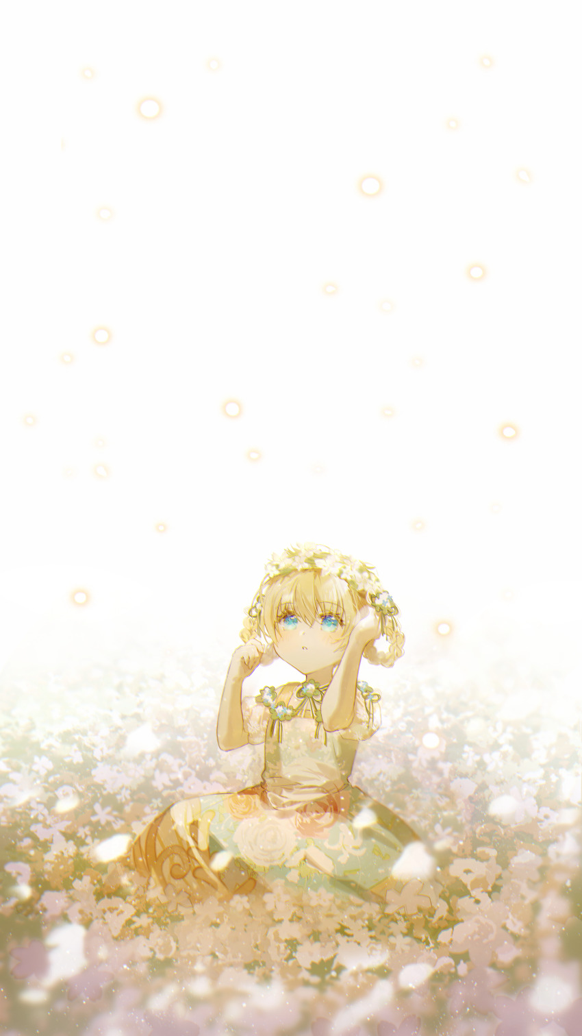 1girl, absurdres, athanasia_de_alger_obelia, bare_arms, blonde_hair, blue_eyes, blurry, braid