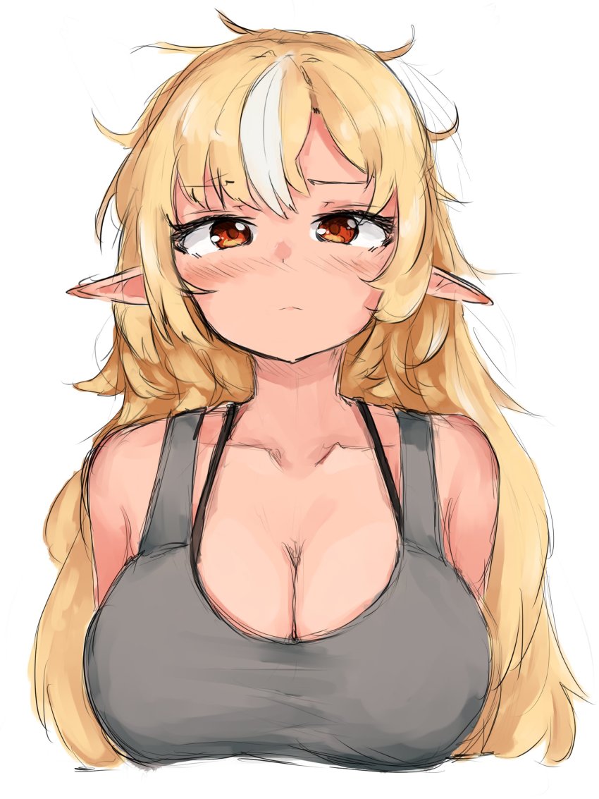 1girl, absurdres, black_shirt, blonde_hair, blouse, bra_strap, breasts, cleavage, dark-skinned_female, dark_elf, dark_skin, elf, hair_down, highres, hololive, large_breasts, long_hair, messy_hair, orange_eyes, pointy_ears, shiranui_flare, shirt, suzu_coconatu, tank_top, virtual_youtuber
