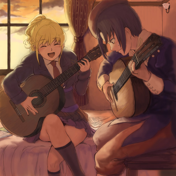 1boy, 1girl, acoustic_guitar, bed, bedroom, beret, black_hair, blonde_hair