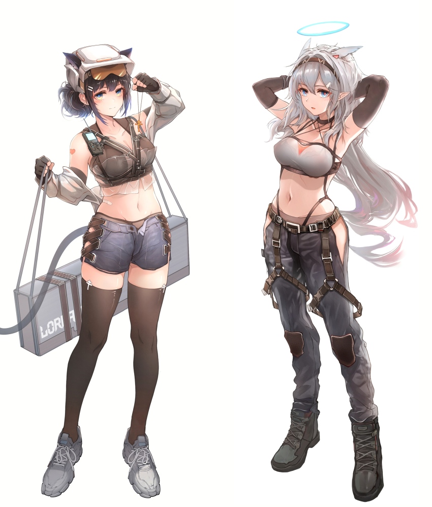 2girls, :o, absurdres, animal_ear_fluff, animal_ears, ankle_boots, armpits, arms_behind_back