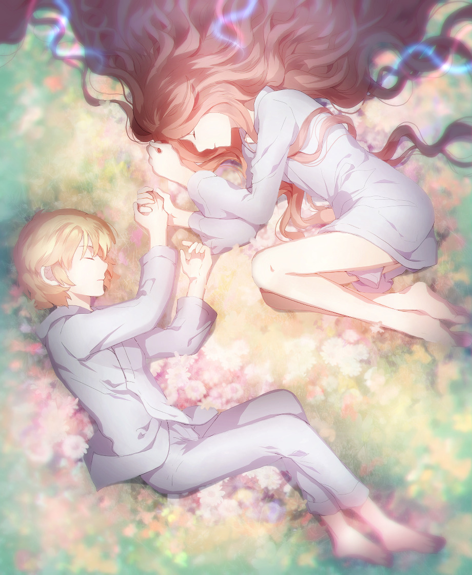 1boy, 1girl, blonde_hair, dna_(hoshi_wo_miru_hito), closed_eyes, fetal_position, holding_hands, hoshi_wo_miru_hito