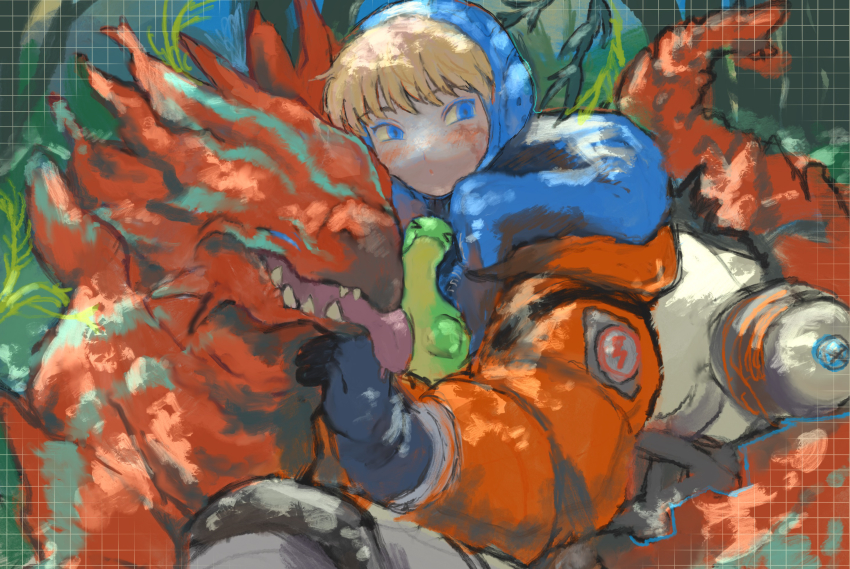 >_<, 1girl, animal, animification, apex_legends, blue_eyes, blue_gloves, blue_headwear