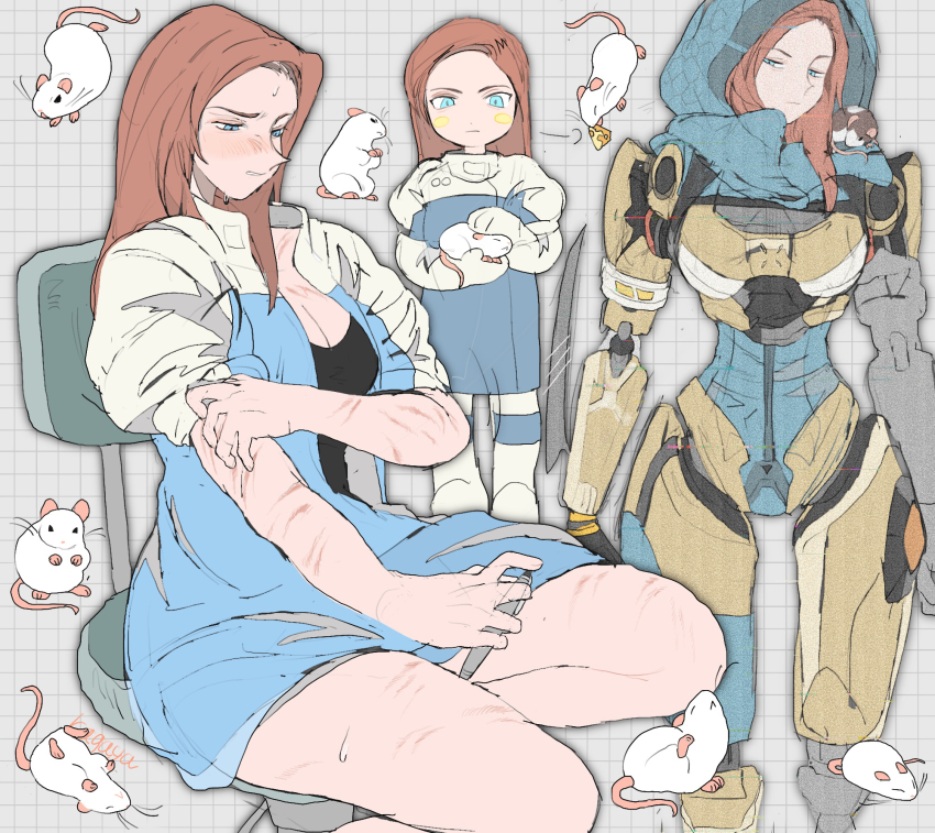 1girl, animal, animification, apex_legends, ash_(titanfall_2), ash_(titanfall_2)_(cosplay), ashleigh_reid, black_shirt, blouse, blue_eyes, blue_jacket, blue_leotard, blush, breasts, brown_hair, cosplay, elbow_gloves, frown, gloves, half-closed_eyes, highres, holding, holding_animal, holding_pen, hood, hood_up, jacket, kagaya_(oshiriudon), leotard, looking_down, medium_breasts, mouse_(animal), multiple_views, pen, puffy_short_sleeves, puffy_sleeves, scar, scar_on_arm, shirt, short_sleeves, white_gloves