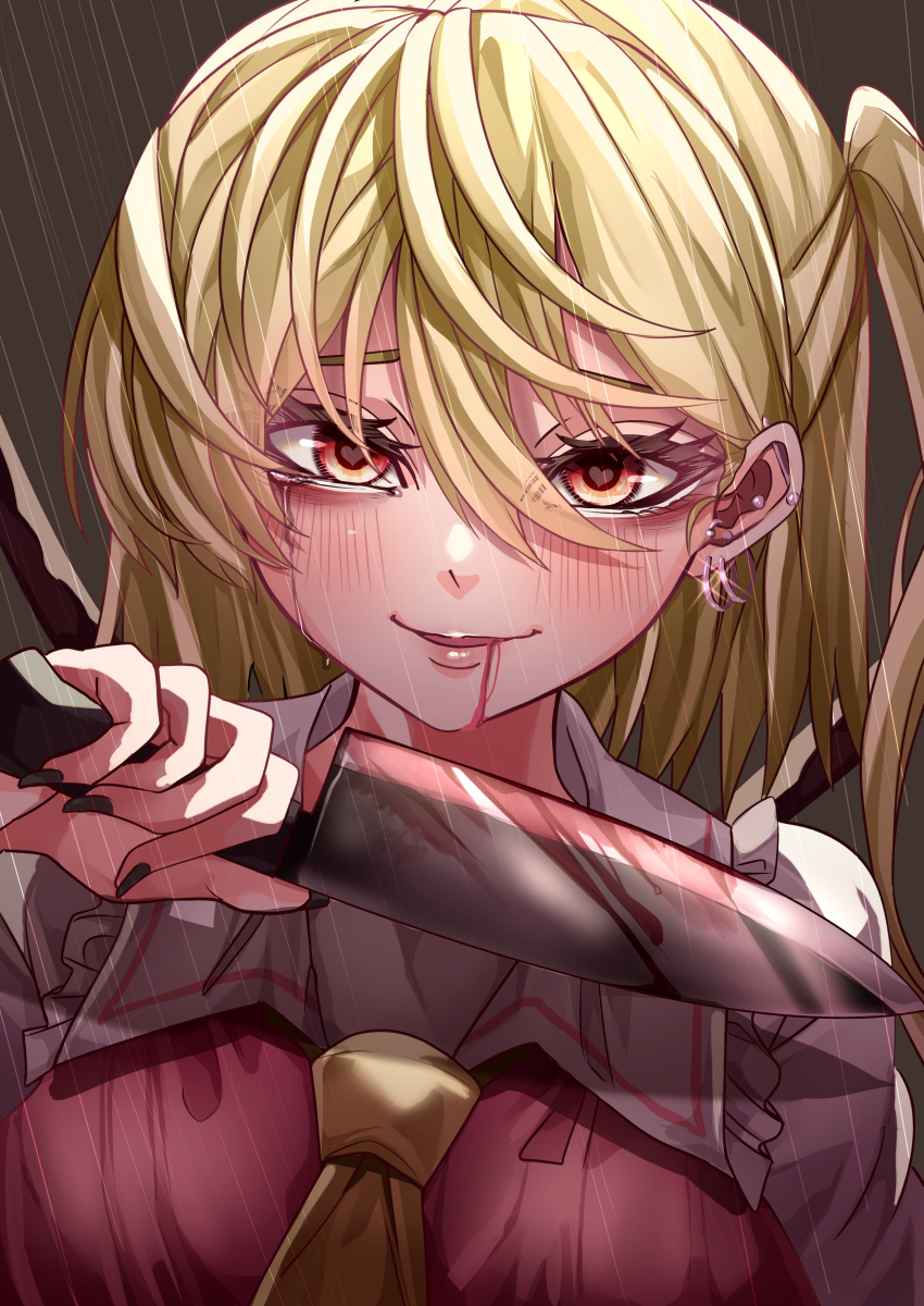 1girl, absurdres, ascot, bags_under_eyes, black_nails, blonde_hair, blood, blood_from_mouth