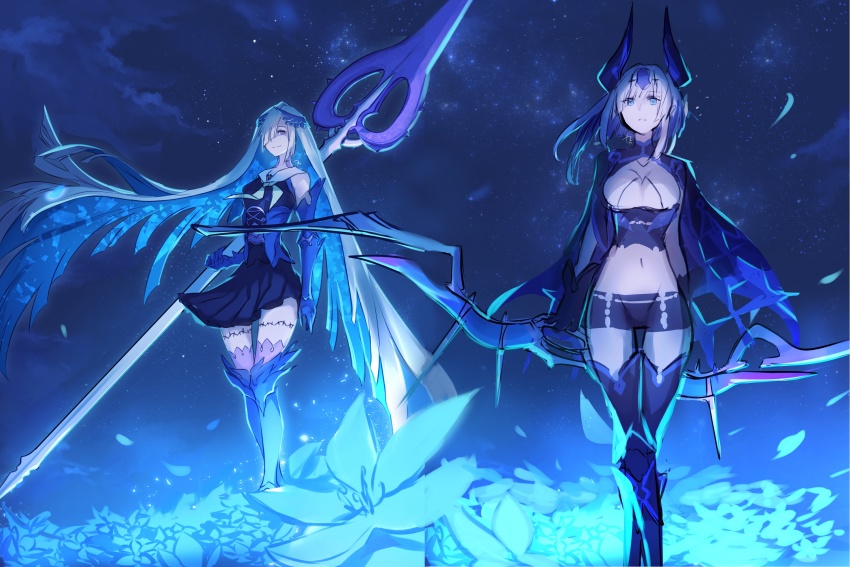 2girls, aslaug_(fate), black_shirt, black_shorts, black_skirt, blouse, blue_eyes, blue_flower, blue_hair, boots, bow_(weapon), brynhild_(fate), brynhild_romantia, closed_mouth, cloud, commentary_request, fate/grand_order, fate/prototype, fate/prototype:_fragments_of_blue_and_silver, fate:lost_einherjar, fate_(series), flower, green_neckerchief, hair_ornament, headpiece, highres, holding, holding_bow_(weapon), holding_polearm, holding_weapon, horns, kashia, long_hair, midriff, mother_and_child, mother_and_daughter, multiple_girls, navel, neckerchief, night, one_eye_closed, outdoors, parent_and_child, petals, polearm, purple_eyes, sailor_collar, sailor_shirt, shirt, short_shorts, shorts, signature, skirt, sky, smile, spear, thighhighs, very_long_hair, weapon, white_hair, white_sailor_collar