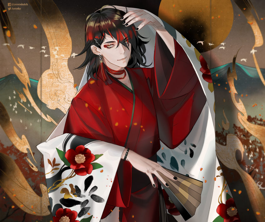 1boy, aerysky, black_hair, black_nails, earrings, eyeshadow, facebook_username, floral_print