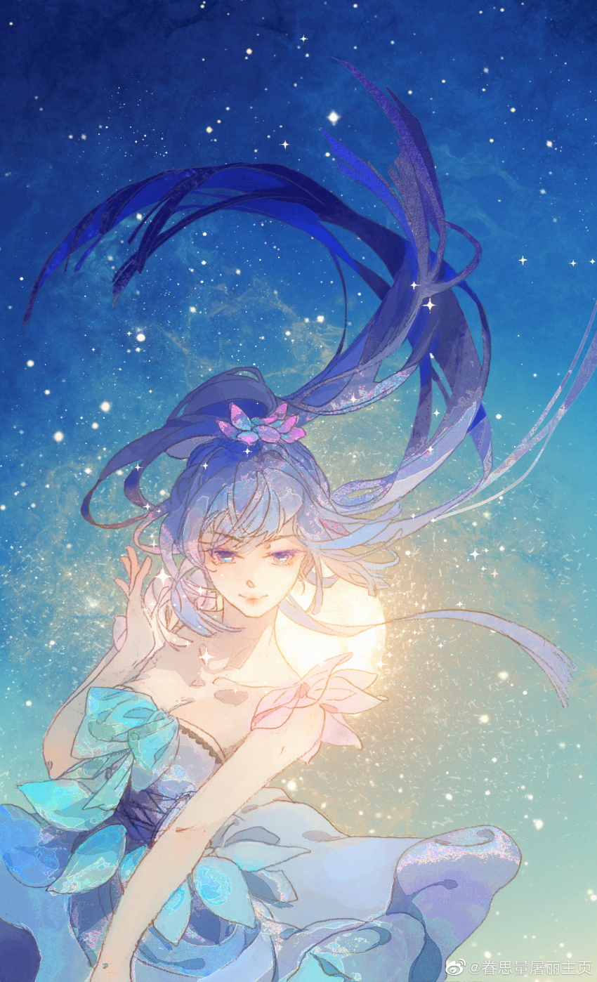 1girl, absurdres, arm_up, bare_arms, bare_shoulders, blue_dress, blue_hair, chen_sisi_(ye_luoli)