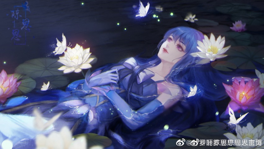 1girl, blue_hair, bug, butterfly, chen_sisi_(ye_luoli), flower, gloves, highres