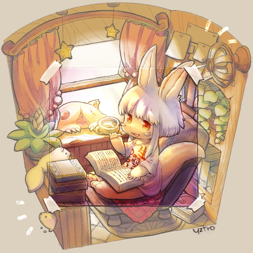 2others, :3, alternate_costume, animal, animal_ears, artist_name, book, book_on_lap