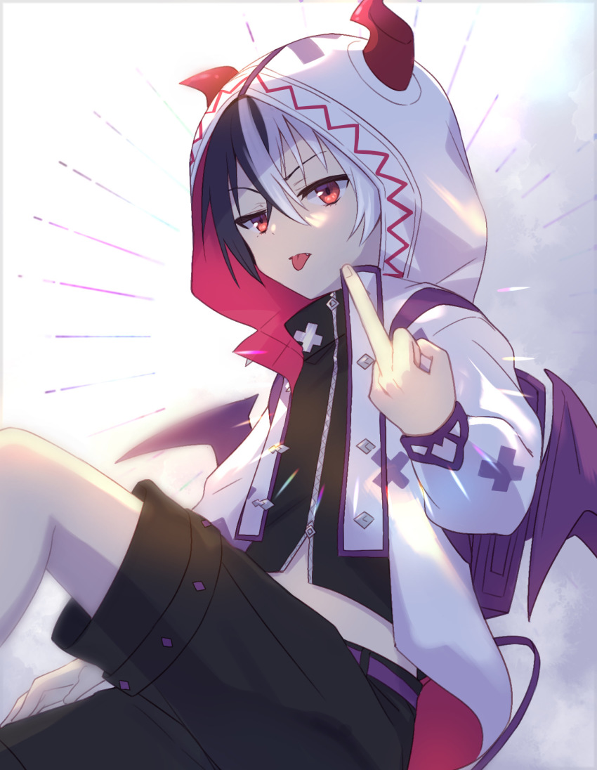 1boy, backpack, bag, black_hair, black_shirt, black_shorts, blouse, commentary_request, demon_boy, demon_horns, demon_tail, demon_wings, eyebrows_hidden_by_hair, fang, feet_out_of_frame, grey_hair, gucchiann, hair_between_eyes, highres, hood, hood_up, hooded_jacket, horns, horns_through_headwear, jacket, kariza_(princess_connect!), long_finger, long_sleeves, looking_at_viewer, male_focus, middle_finger, multicolored_hair, open_clothes, open_jacket, princess_connect!, puffy_long_sleeves, puffy_sleeves, purple_wings, red_eyes, shirt, shorts, sitting, solo, tail, tongue, tongue_out, two-tone_hair, v-shaped_eyebrows, white_jacket, wings
