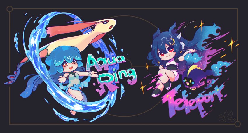 2girls, absurdres, bao_the_whale, blue_hair, breasts, brown_eyes, chibi, commentary, dragon_girl, dragon_horns, dress, english_commentary, english_text, fubkzm, full_body, hair_between_eyes, hair_ornament, highres, horns, indie_virtual_youtuber, long_hair, looking_at_viewer, medium_breasts, multiple_girls, nintendo, open_mouth, pokemon, red_eyes, short_sleeves, sleeveless, smile, teeth, tongue, vienna_(vtuber), virtual_youtuber, water, watermark