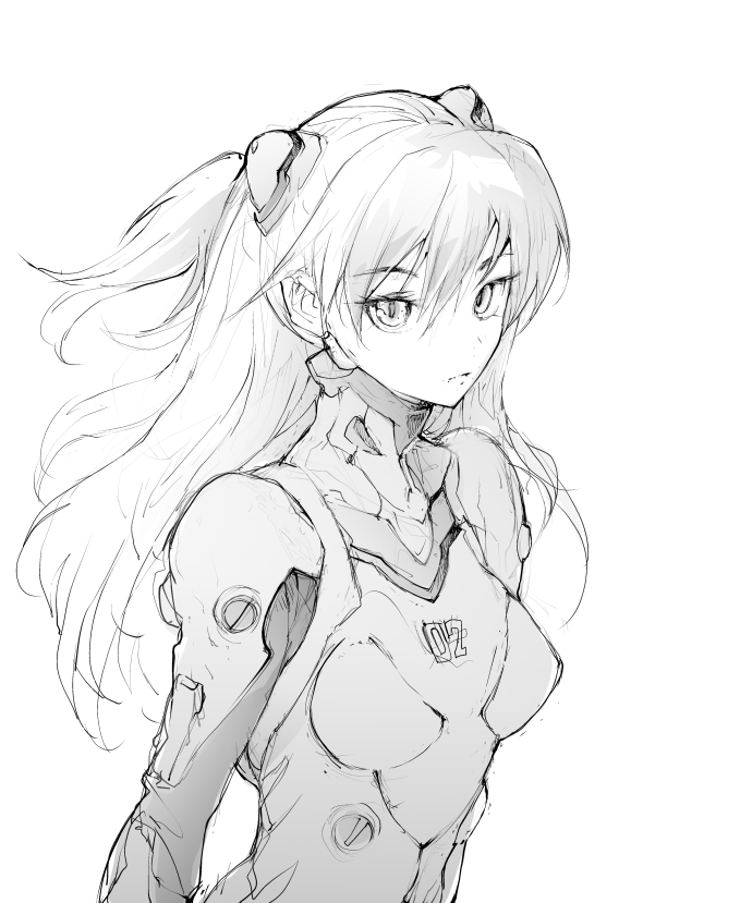 1girl, breasts, burningblossom, expressionless, from_side, greyscale, hair_behind_ear, interface_headset_(evangelion), long_hair, looking_at_viewer, mecha_pilot_suit, monochrome, neon_genesis_evangelion, pilot_suit, plugsuit_(evangelion), small_breasts, solo, souryuu_asuka_langley, two_side_up, upper_body, white_background