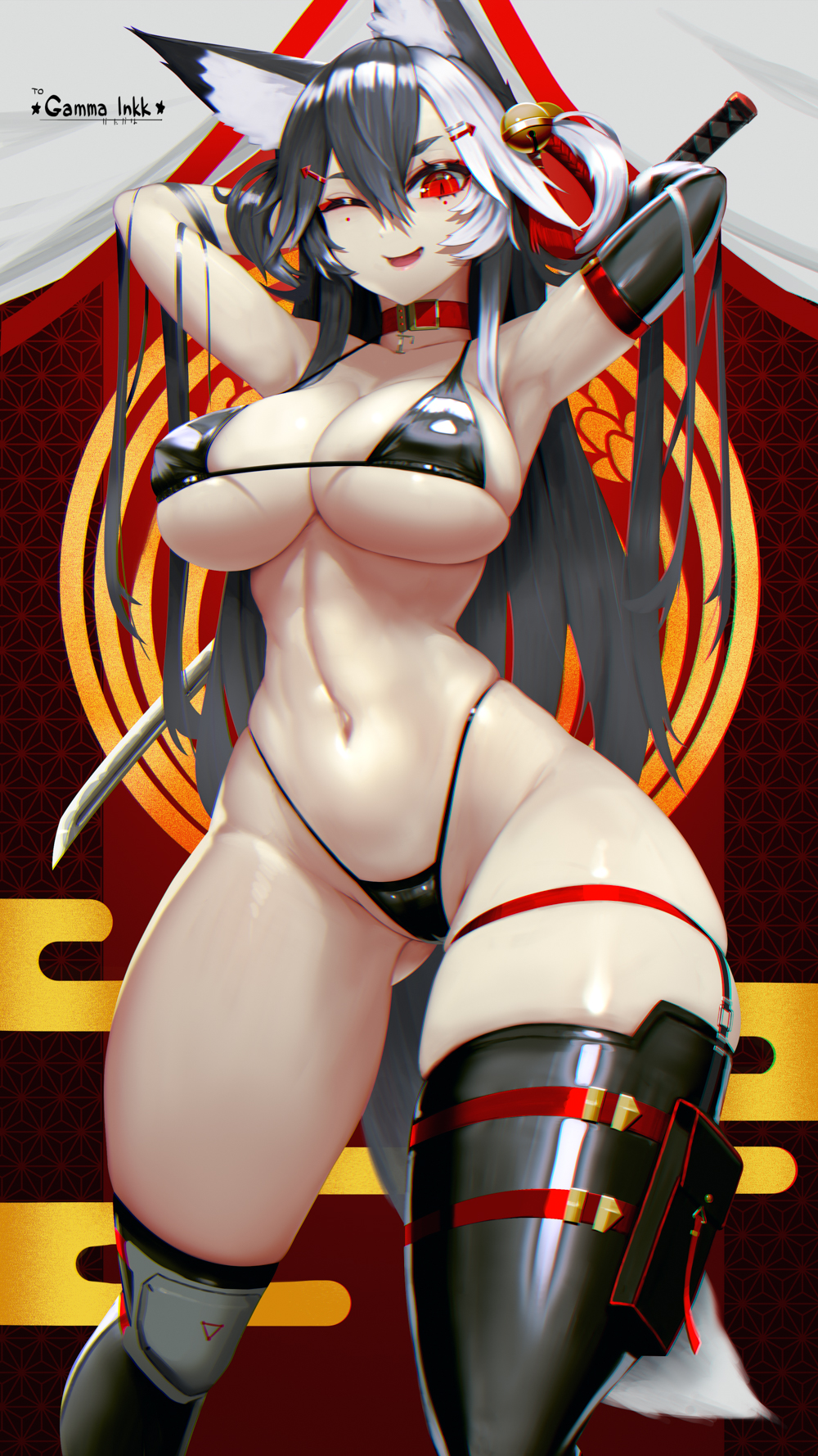 1girl, animal_ears, bikini, black_hair, breasts, gammainkk, gluteal_fold, highres, hiragana_oufu, indie_virtual_youtuber, large_breasts, long_hair, micro_bikini, multicolored_hair, pouch, red_eyes, solo, streaked_hair, swimsuit, tail, thigh_pouch, very_long_hair, virtual_youtuber, white_hair, wolf_ears, wolf_girl, wolf_tail