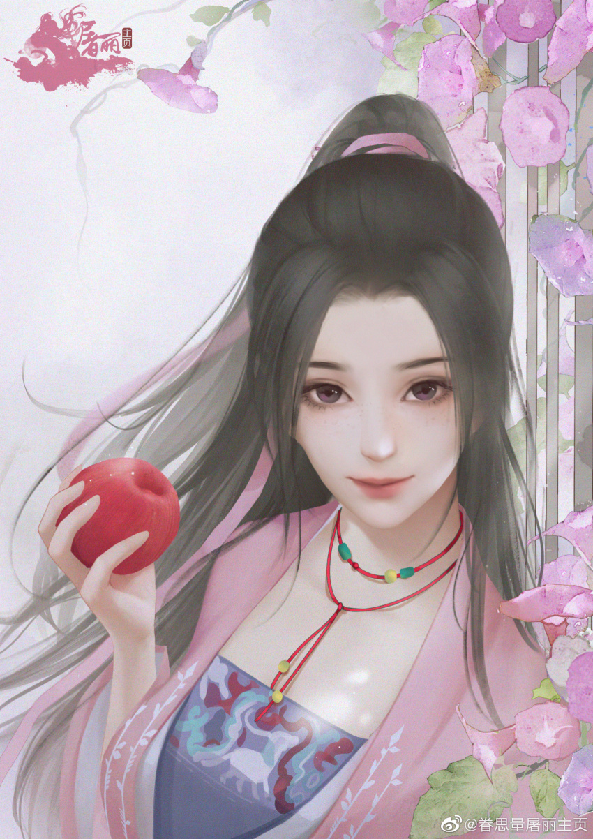 1girl, apple, beads, black_hair, dress, flower, food, fruit