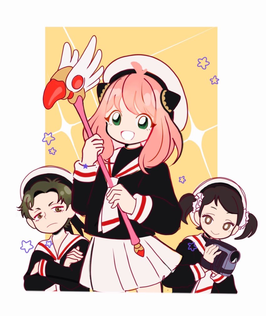 1boy, 2girls, aged_down, anachronism, anya_(spy_x_family), becky_blackbell, camcorder, cardcaptor_sakura, child, cosplay, crossover, daidouji_tomoyo, daidouji_tomoyo_(cosplay), damian_desmond, hat, highres, holding, holding_wand, kinomoto_sakura, kinomoto_sakura_(cosplay), li_syaoran, li_xiaolang_(cosplay), multiple_girls, pink_headwear, school_uniform, spy_x_family, tokenblckfrnd, tomoeda_elementary_school_uniform, tomoeda_middle_school_uniform, trait_connection, video_camera, wand