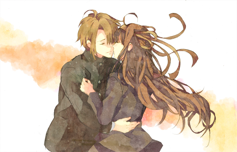 10s, 1boy, 1girl, alternate_costume, alternate_hairstyle, brown_hair, closed_eyes, hair_spread_out, hairband, hetero, hug, koizumi_itsuki, kouyouen_academy_school_uniform, long_hair, official_alternate_hair_length, official_alternate_hairstyle, sasakama_(f214), sasakama_(pixiv), school_uniform, suzumiya_haruhi, suzumiya_haruhi_no_shoushitsu, suzumiya_haruhi_no_yuuutsu