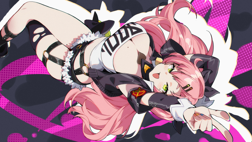 1girl, absurdres, black_shorts, black_thighhighs, blush, breasts, cleavage, crop_top, detached_sleeves, fur-trimmed_shorts, fur_trim, green_eyes, hair_ornament, hairclip, highres, long_hair, looking_at_viewer, mole, mole_on_breast, mole_on_leg, mole_under_eye, multicolored_nails, nail_polish, nicole_demara, o-ring, open_mouth, pink_hair, shorts, simple_background, single_thighhigh, solo, sylvia_(huajiuhuajiu), thighhighs, torn_clothes, torn_thighhighs, very_long_hair, zenless_zone_zero