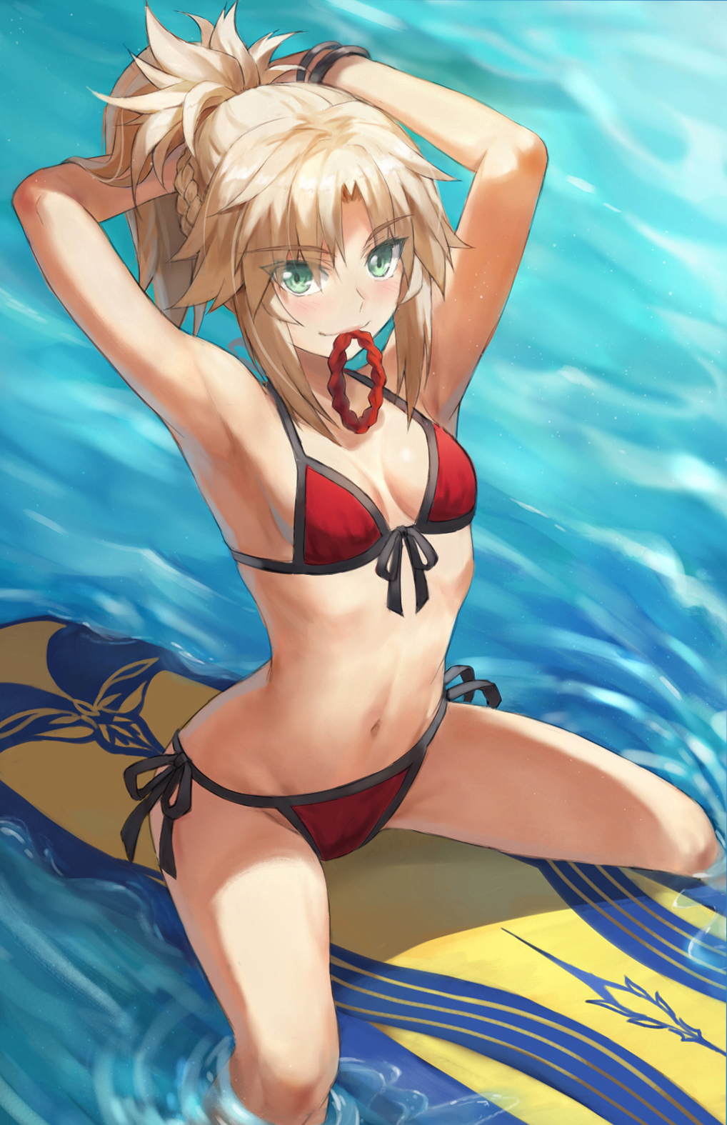 1girl, armpits, arms_behind_head, arms_up, bare_shoulders, bikini, blonde_hair, bracelet