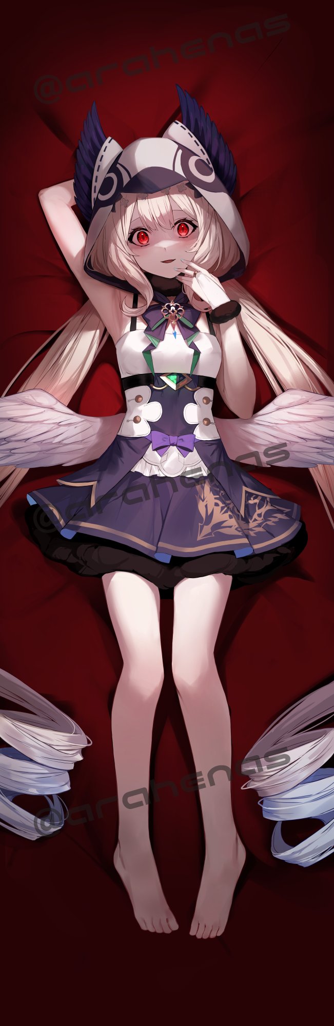 1girl, absurdly_long_hair, ahoge, alternate_eye_color, arahenas, armpits, bare_legs, barefoot