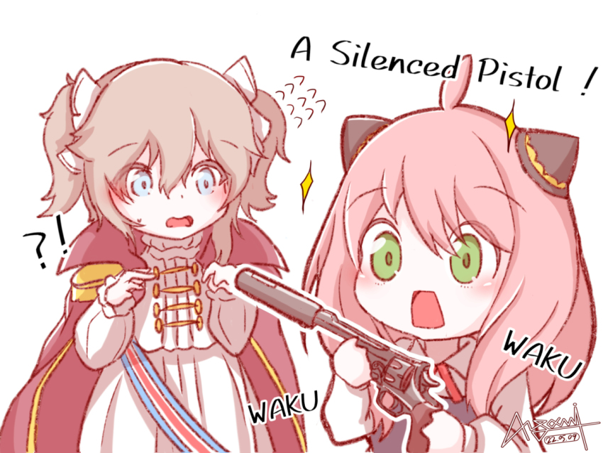 !?, 2girls, 4m_yugami, ahoge, anya_(spy_x_family), blue_eyes, break-action_revolver, brown_hair, cape, commentary_request, cone_hair_bun, dated, english_text, epaulettes, girls'_frontline, green_eyes, gun, hair_bun, handgun, holding, holding_gun, holding_weapon, long_sleeves, multiple_girls, open_mouth, pink_hair, red_cape, revolver, sparkle, spy_x_family, suppressor, sweatdrop, tanezaki_atsumi, voice_actor_connection, weapon, webley_(girls'_frontline), webley_revolver