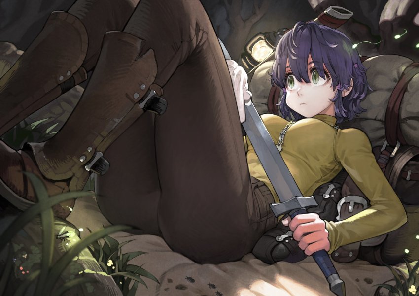 1girl, ass, backpack, bag, between_breasts, blouse, boots, breasts, brown_boots, brown_pants, cleaning_sword, commentary_request, frown, grass, green_eyes, hair_between_eyes, handkerchief, highres, holding, holding_sword, holding_weapon, jewelry, jun_(navigavi), knee_boots, lantern, long_sleeves, lying, medium_breasts, medium_hair, necklace, original, pants, purple_hair, scabbard, sheath, shirt, shirt_tucked_in, solo, sword, thighs, turtleneck, weapon, yellow_shirt