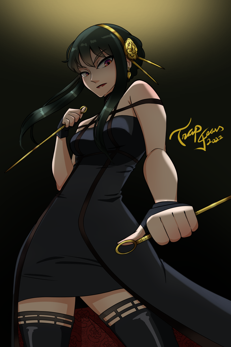 1girl, artist_request, black_dress, black_hair, dress, earrings, hair_ornament, highres