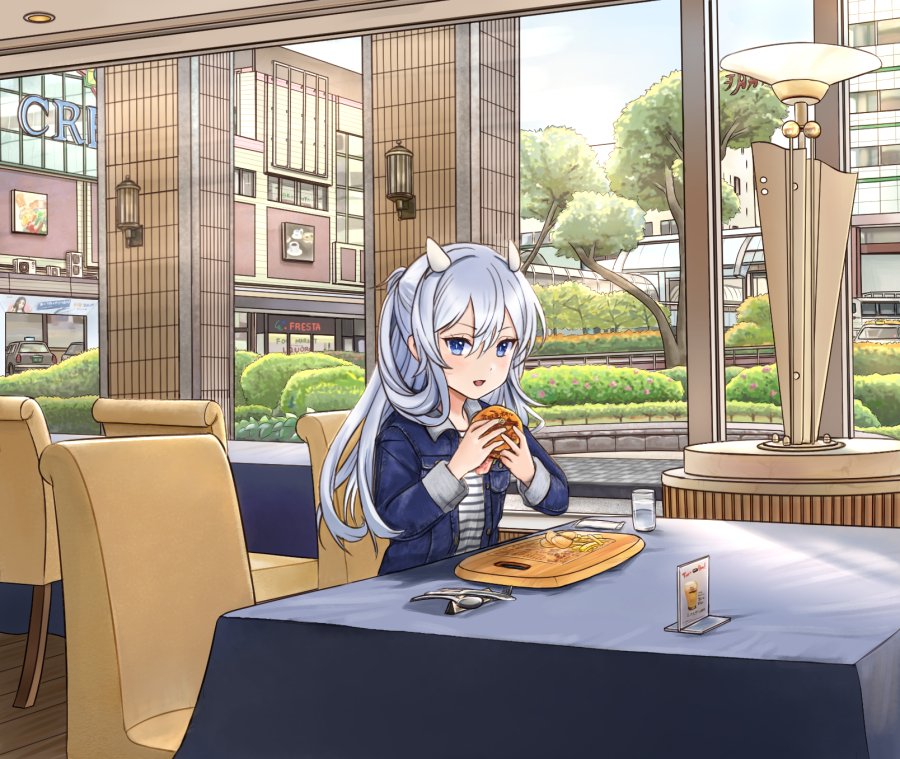 1girl, blouse, blue_eyes, blue_hair, blue_jacket, burger, casual, chair