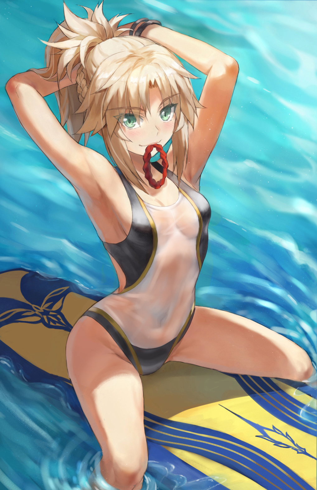 1girl, armpits, arms_behind_head, arms_up, bare_shoulders, black_one-piece_swimsuit, blonde_hair, braid