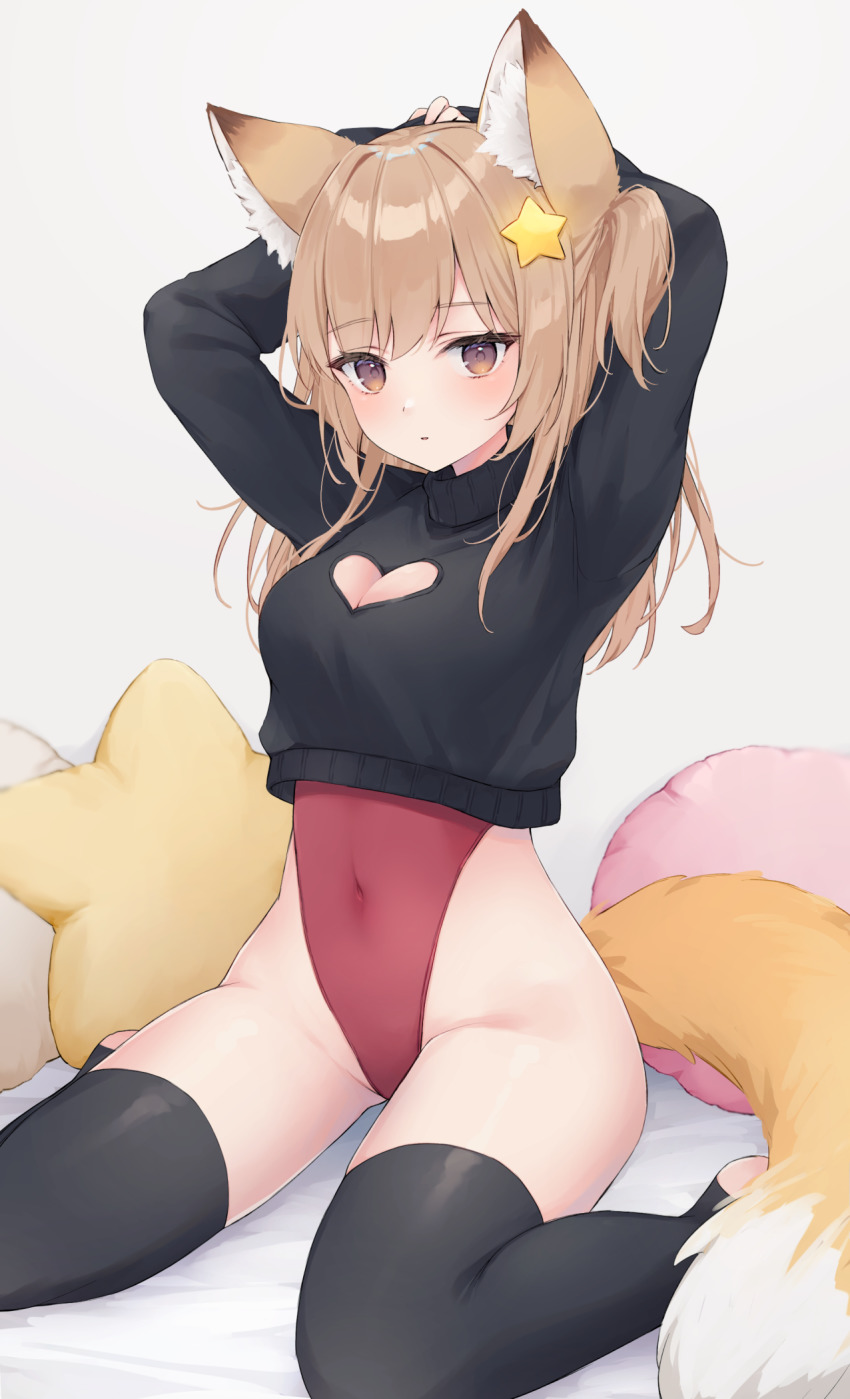 1girl, animal_ear_fluff, animal_ears, annytf, arms_behind_head, black_sweater, black_thighhighs, blush