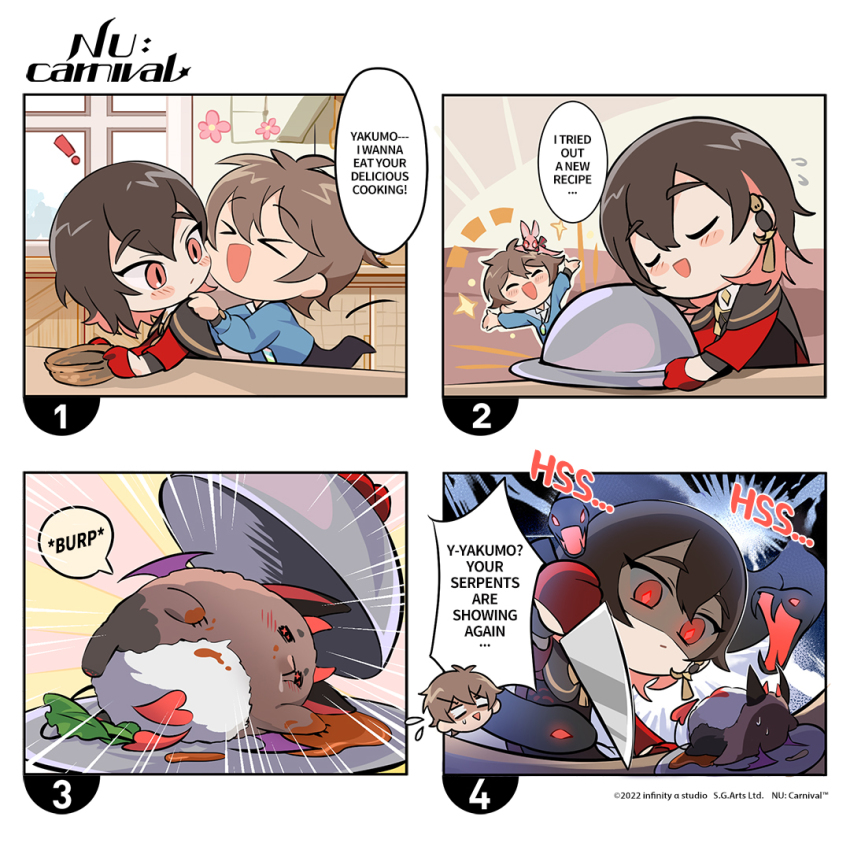 >_<, 2boys, bat_(animal), chibi, ear_piercing, eiden_(nu_carnival), english_text, holding