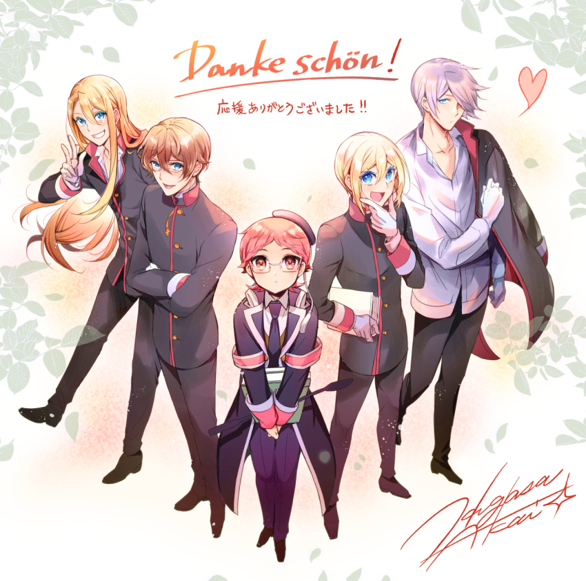 5boys, :d, akai_higasa, armband, beret, black_coat, black_footwear, black_headwear