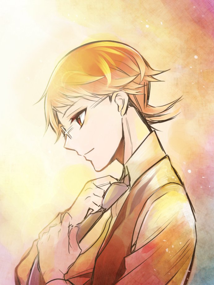 1boy, adjusting_clothes, adjusting_necktie, akai_higasa, closed_mouth, collared_shirt, from_side, glasses