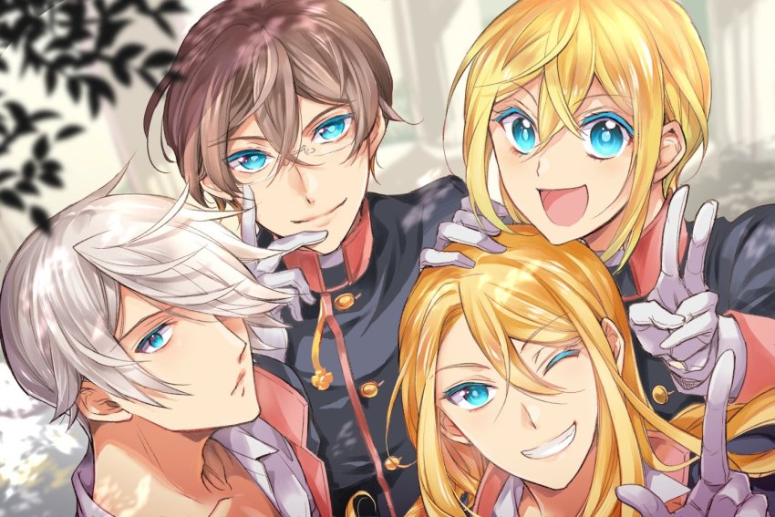 4boys, :d, adjusting_eyewear, akai_higasa, black_jacket, blonde_hair, blouse, blue_eyes