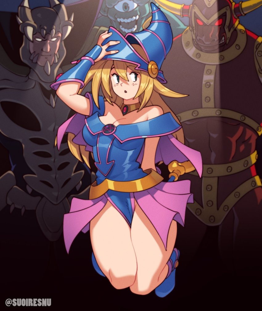 1girl, 3boys, arm_up, bare_shoulders, battle_ox, blonde_hair, blush, breasts, cape, cleavage, commentary, cyclops, dark_magician_girl, detached_sleeves, duel_monster, english_commentary, green_eyes, hat, highres, hitotsu-me_giant, horns, large_breasts, long_hair, lord_of_d., minotaur, multiple_boys, muscular, muscular_male, navel, one-eyed, open_mouth, red_eyes, sideways_glance, smile, suoiresnu, teeth, wizard_hat, yu-gi-oh!