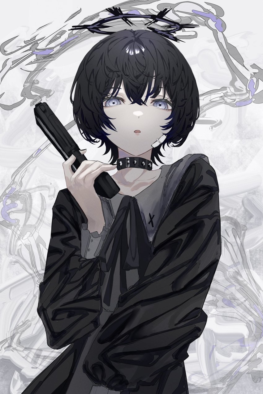 1girl, bandage_on_face, bandages, black_hair, blue_eyes, bob_cut, choker, cross