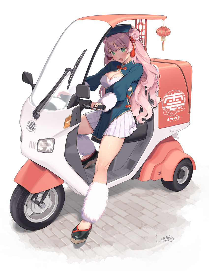 1girl, breasts, china_dress, chinese_clothes, cleavage, cleavage_cutout, clothing_cutout, dress, flower_knot, green_eyes, hat, highres, lantern, leg_warmers, long_hair, long_sleeves, looking_at_viewer, lower_teeth_only, medium_breasts, motor_vehicle, open_mouth, original, pink_hair, pleated_skirt, shoes, side-view_mirror, signature, skirt, skirt_under_dress, solo, teeth, wantan_meo, white_background, white_leg_warmers, white_skirt, windshield_wiper