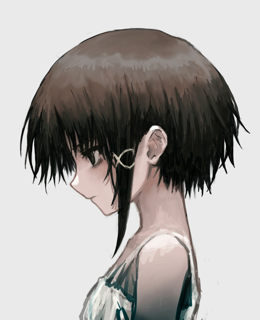 1girl, bags_under_eyes, black_hair, closed_mouth, expressionless, female_focus, from_side, hair_ornament
