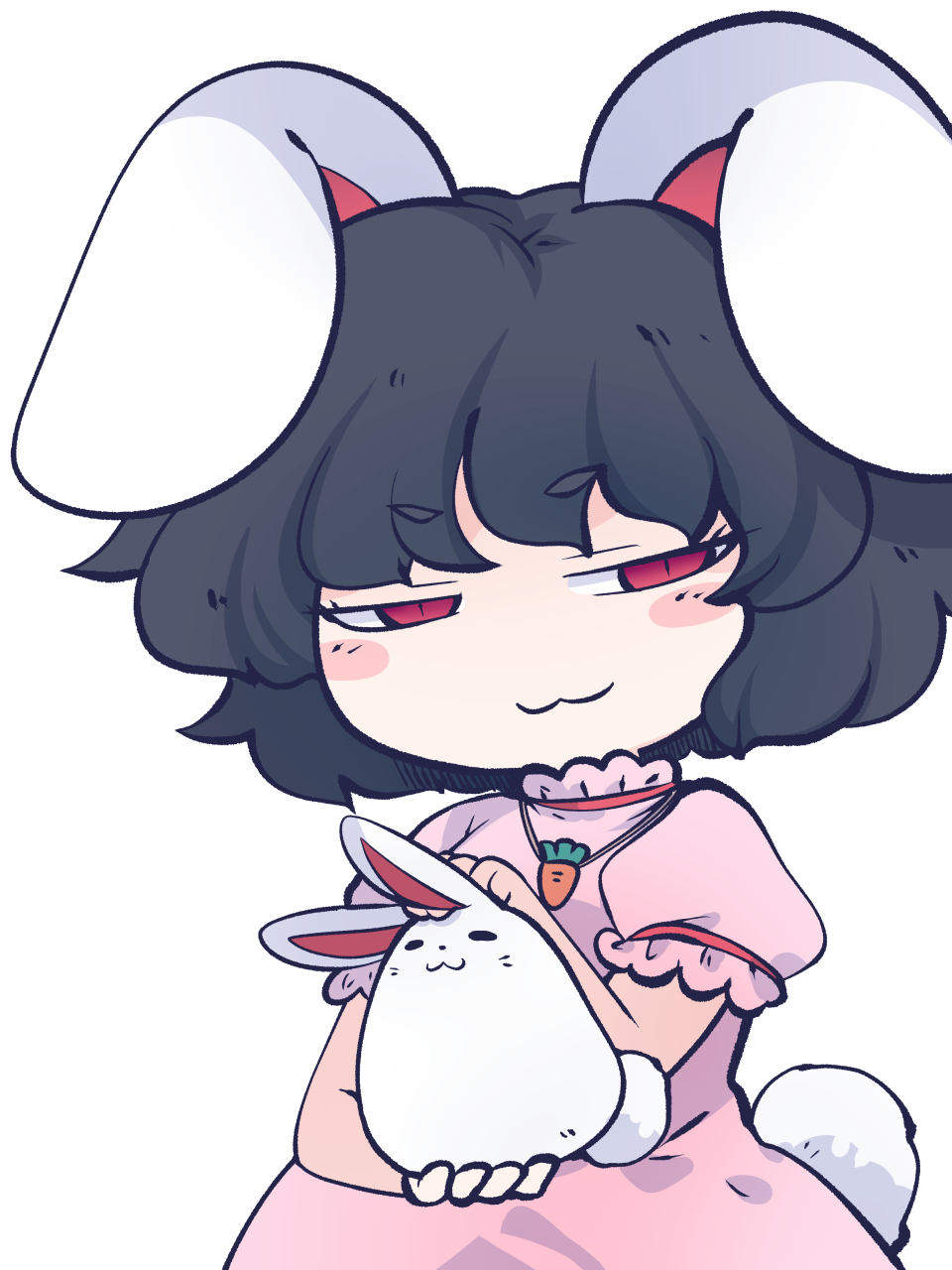 1girl, :3, animal, animal_ears, black_hair, blush_stickers, carrot_necklace, chahan_(fried_rice0614), closed_mouth, dress, highres, holding, holding_animal, inaba_tewi, jewelry, necklace, one-hour_drawing_challenge, pink_dress, puffy_short_sleeves, puffy_sleeves, rabbit, rabbit_ears, rabbit_tail, red_eyes, short_hair, short_sleeves, simple_background, solo, tail, touhou, upper_body, white_background