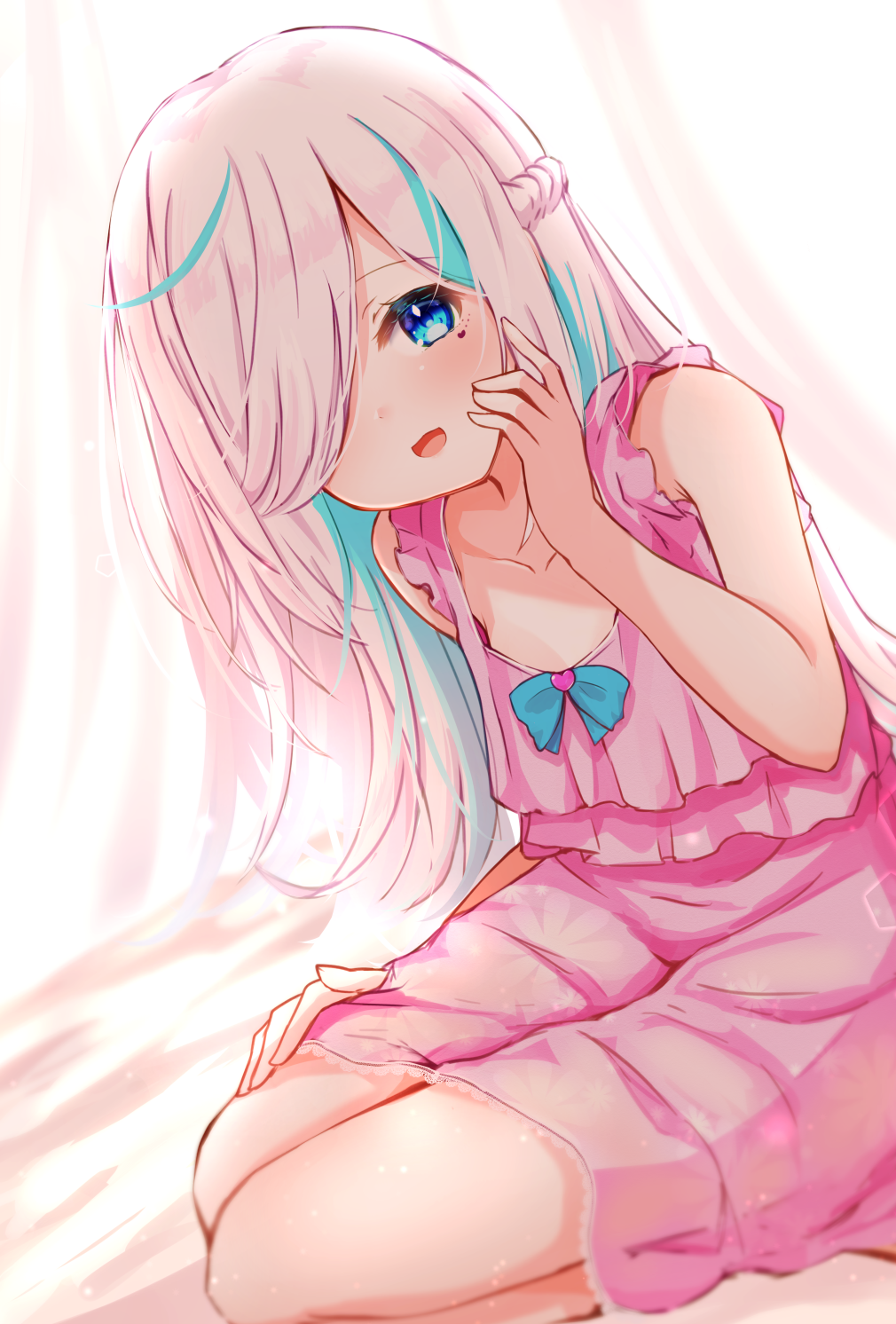 1girl, :d, baram, bare_arms, bare_shoulders, bed_sheet, blue_bow, blue_eyes
