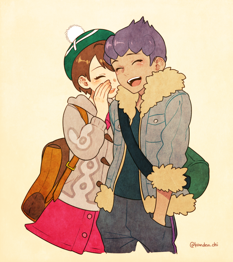 1boy, 1girl, :d, backpack, bag, black_pants, black_shirt, blouse