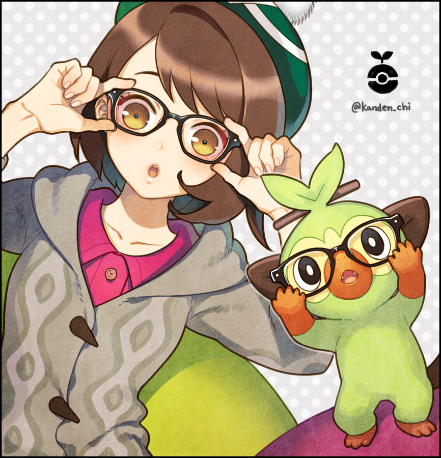 1girl, :o, adjusting_eyewear, bespectacled, blush, bob_cut, brown_eyes, brown_hair