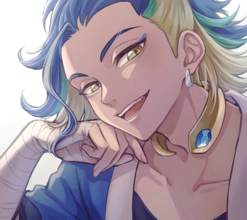 1boy, :d, absurdres, adaman_(pokemon), arm_wrap, black_shirt, blouse, blue_coat, blue_hair, coat, collar, collarbone, commentary_request, earrings, eyebrow_cut, green_hair, hand_up, head_rest, highres, jewelry, looking_at_viewer, male_focus, moxamog, multicolored_hair, nintendo, open_mouth, pokemon, pokemon_legends:_arceus, shirt, short_sleeves, smile, solo, teeth, tongue, upper_body, yellow_eyes