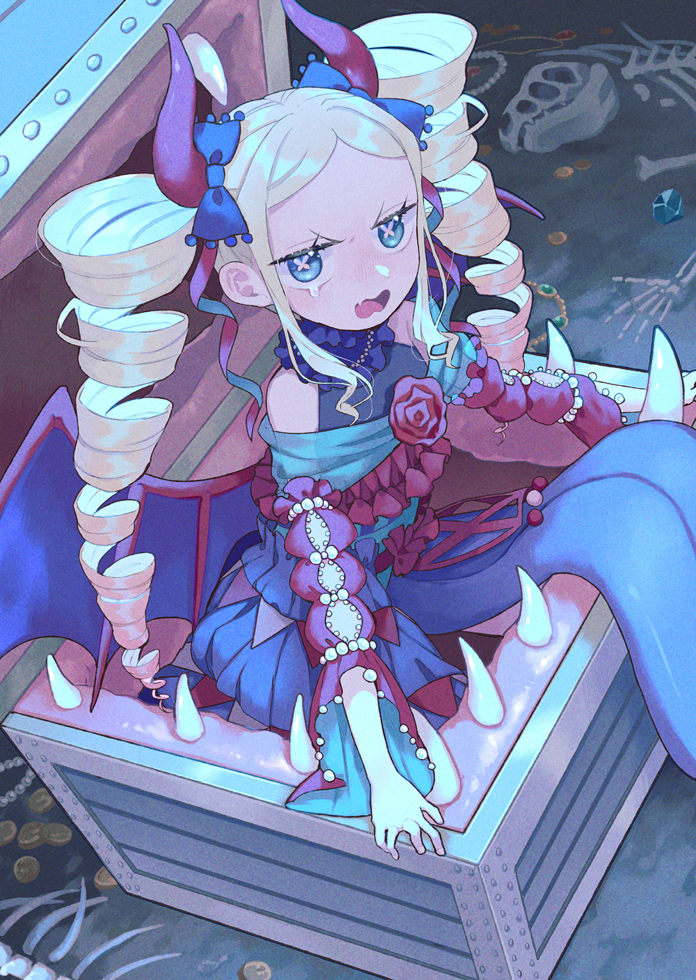 1girl, beads, beatrice_(re:zero), blonde_hair, blue_bow, blue_eyes, blush, bow