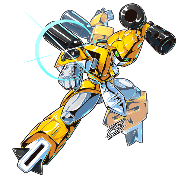 2020, airborne, clenched_hand, commentary, english_commentary, fabio_fontes, green_eyes, humanoid_robot, looking_at_viewer, making-of_available, medarot, metabee, no_humans, robot, science_fiction, transparent_background